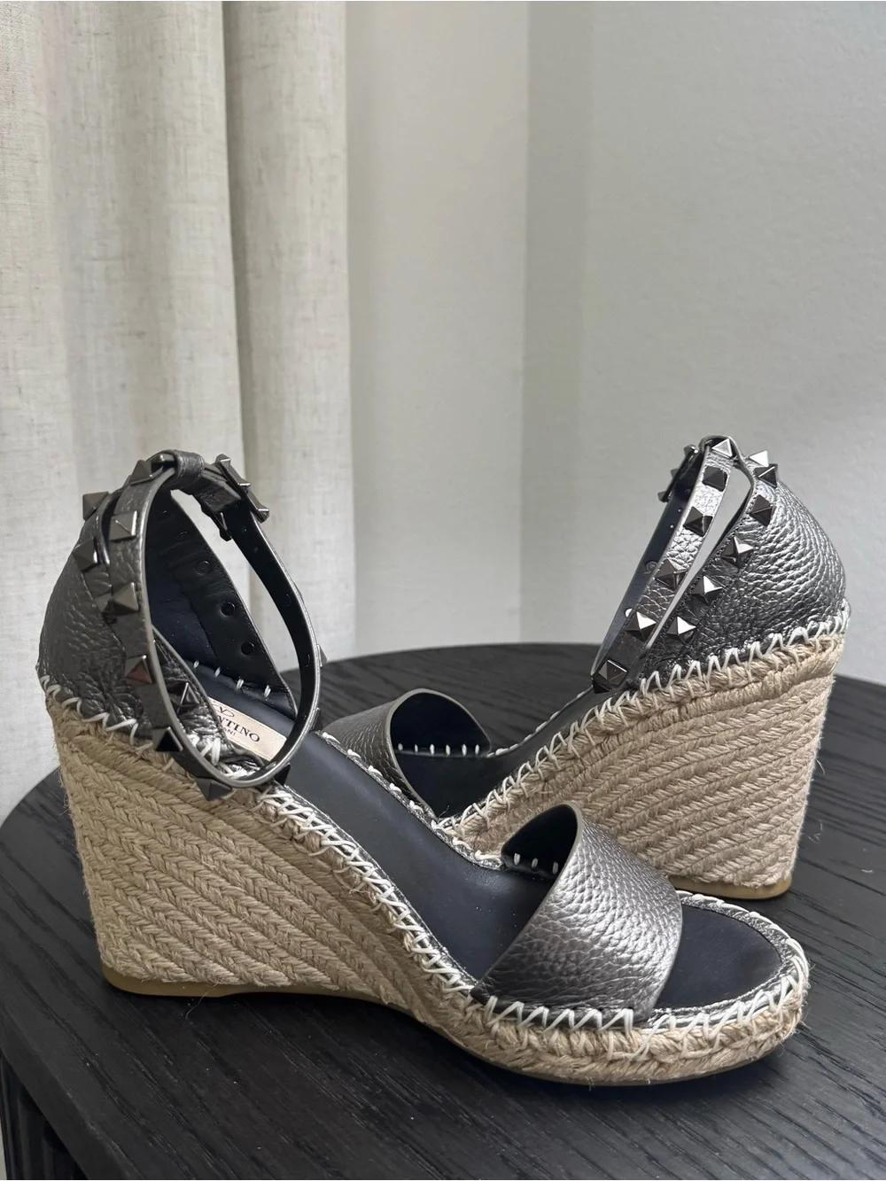 Valentino Garavani Rockstud Espadrille Wedge Sandals Silver Gray 39